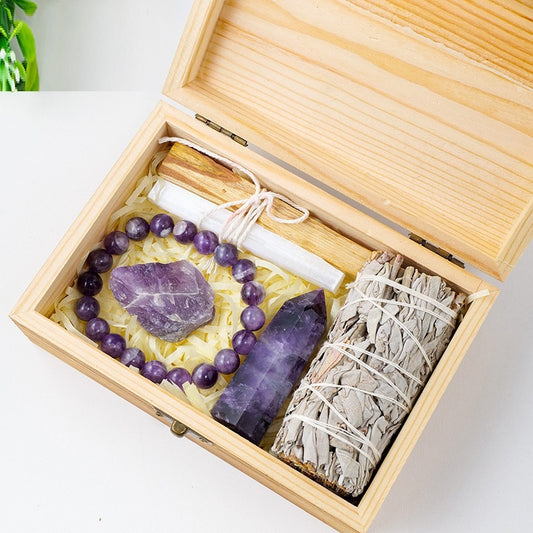 Royal Crystal Amethyst Wooden Box Set Gift Box