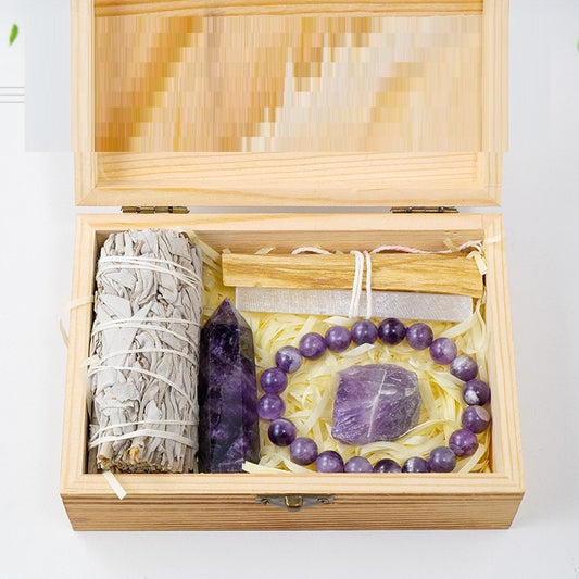 Royal Crystal Amethyst Wooden Box Set Gift Box